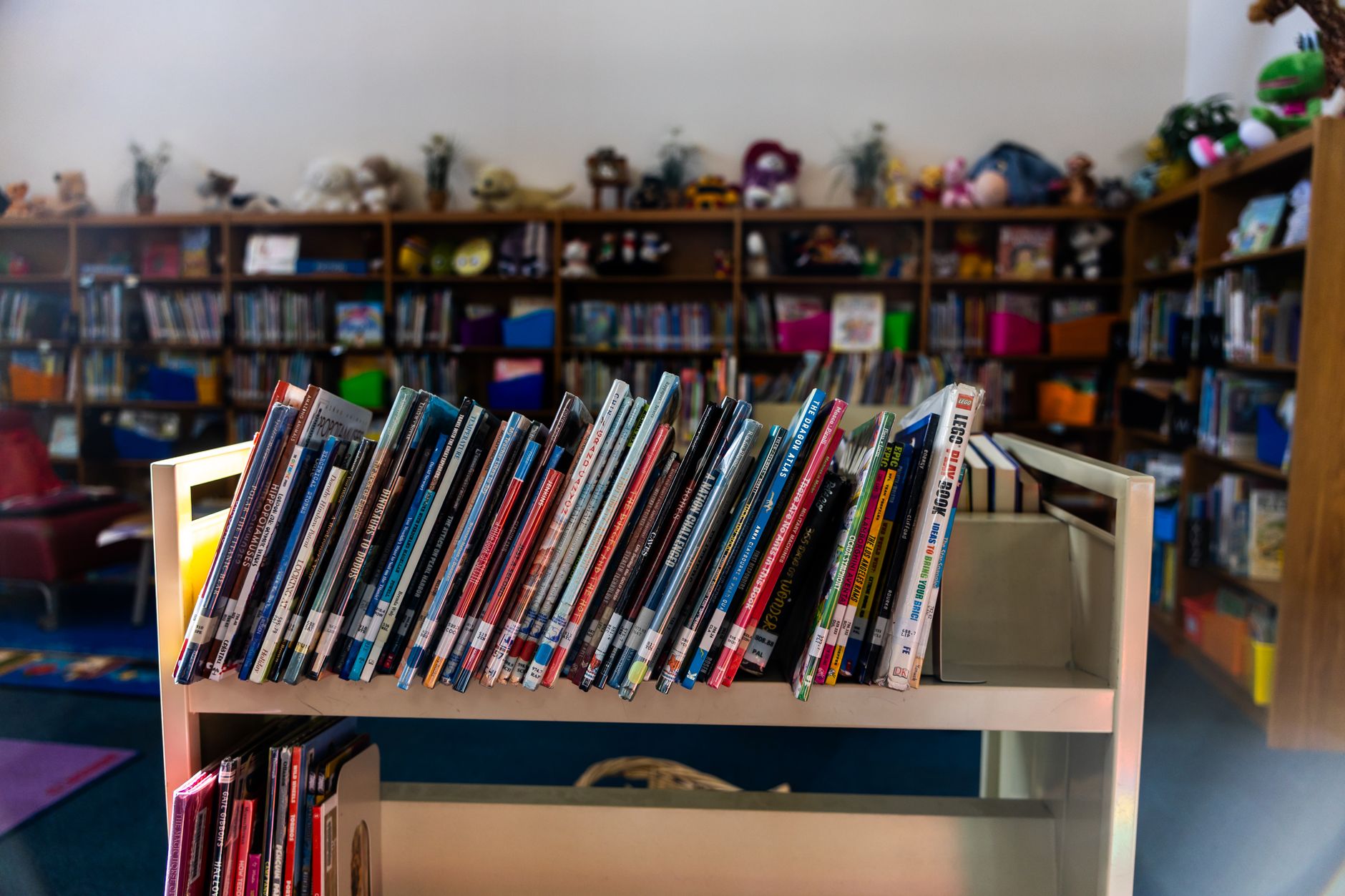 A loaded library book cart showing the dense and potentially uneven payload that must remain stable in motion.
