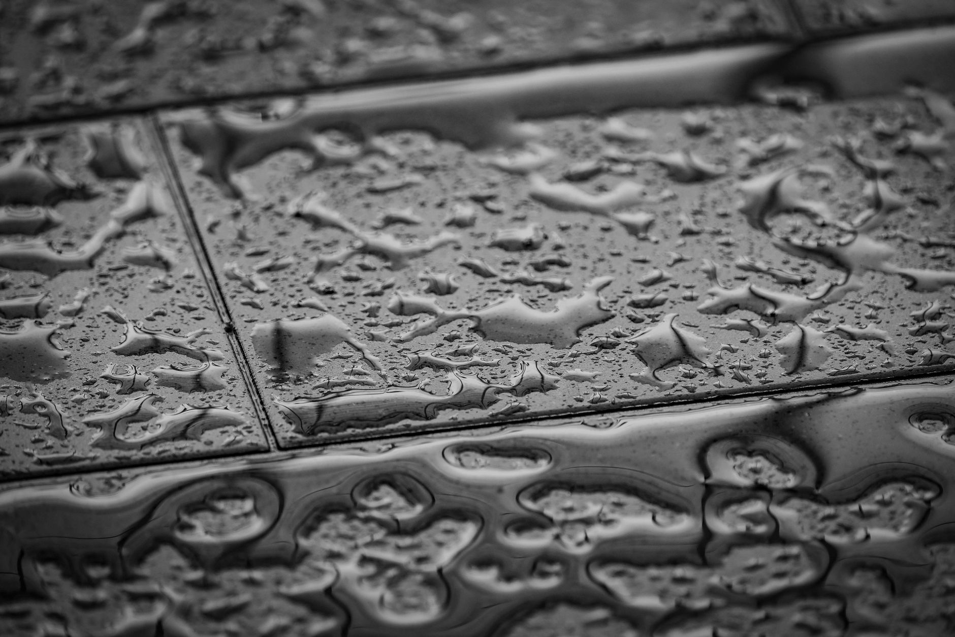 A commercial floor drain cutting through a damp workroom floor illustrates the wet spots that can disrupt chilled-room travel lanes.