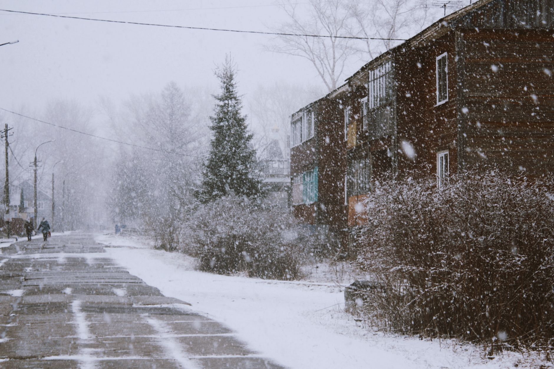 Snowy street in a small village