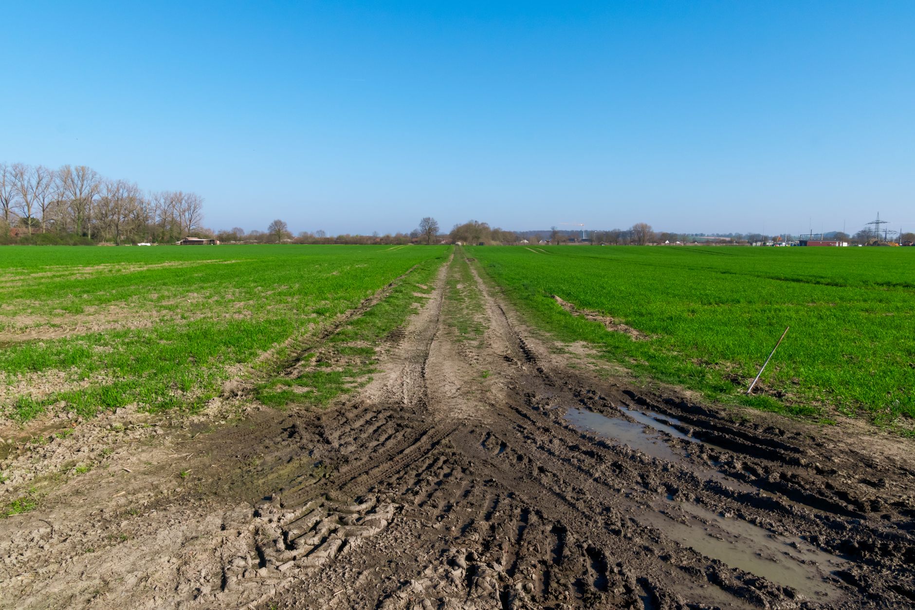 A muddy, uneven path through a grassy field, illustrating the kind of soft ground where a tracked security robot would be necessary.