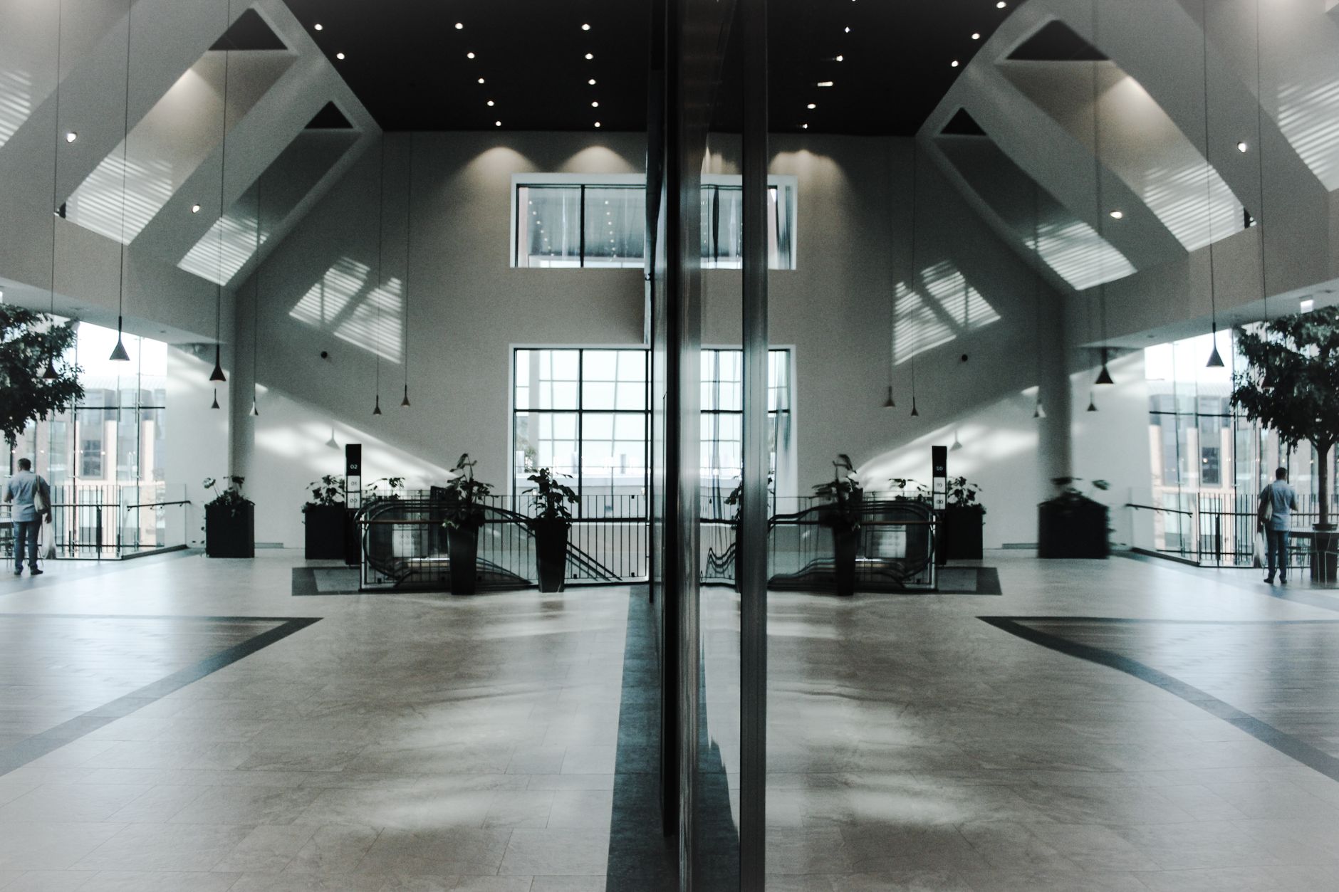A spacious city hall lobby with polished floors and clear public circulation paths.