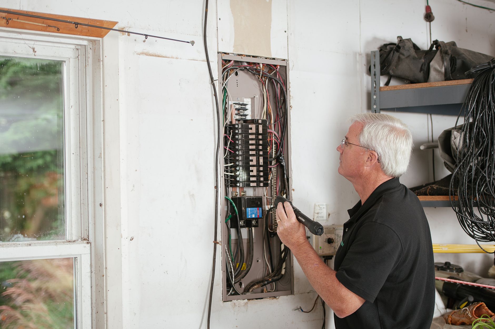 Electrician dressing wires inside a control cabinet, the kind of manual work that stays human on junction-box lines.