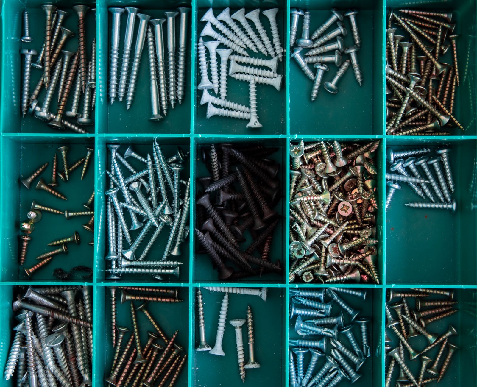 Assorted screws sorted in a tray, showing the mix a kit recipe must track.