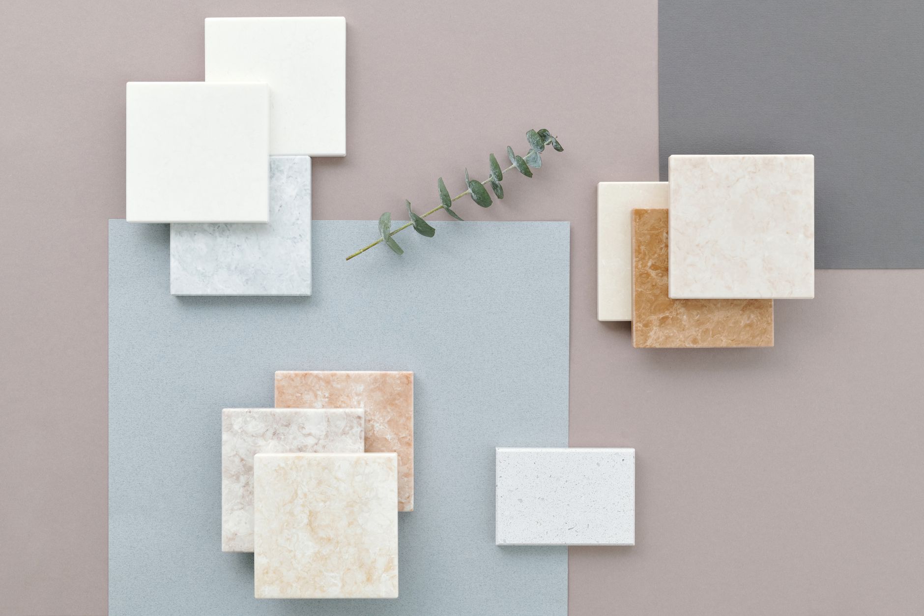 Tile and material samples on display, illustrating mixed fragile chips shipped in architect kits.