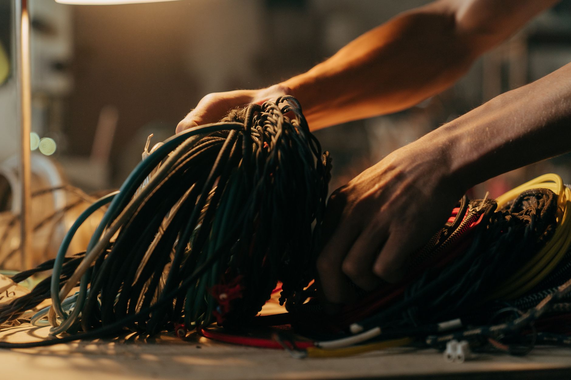 A worker's hands carefully align and mate an electrical connector during cable assembly.