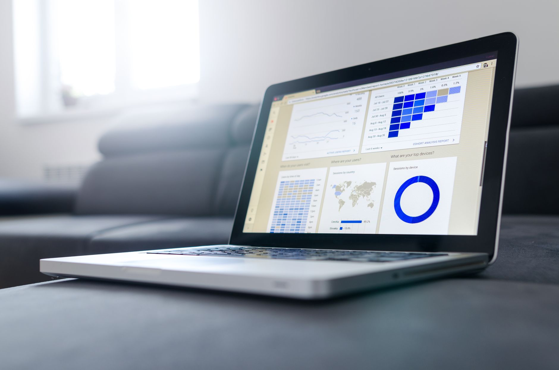 A laptop showing charts, representing remote monitoring of cleaning performance metrics.