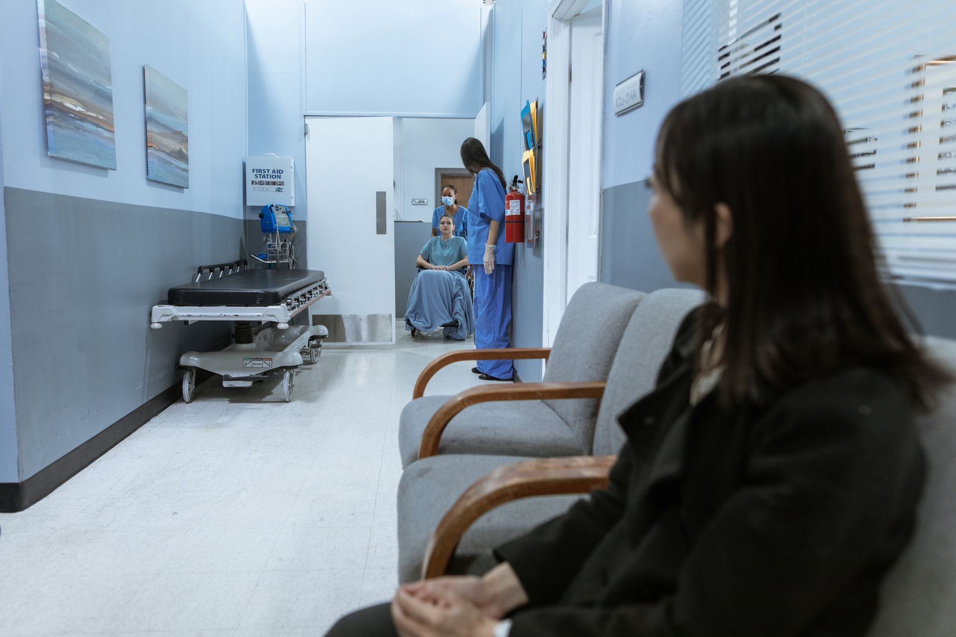 A medical waiting area with open floor space and seating edges, matching the public circulation zones a plasma-center pilot should clean first.