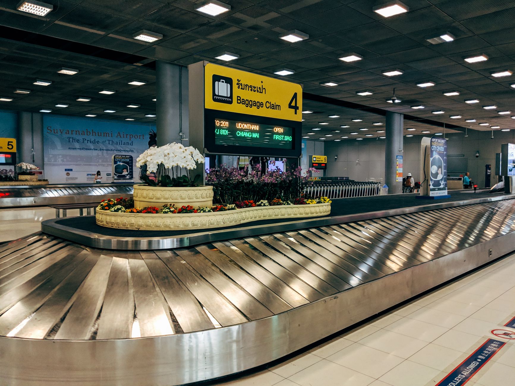 Airport baggage conveyors winding through a secure behind-the-scenes handling area.