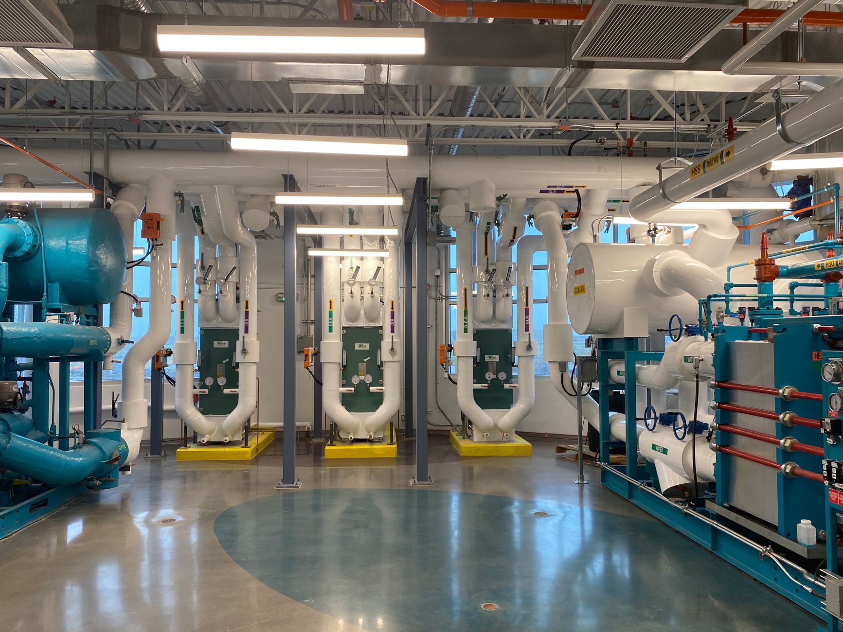 Rows of compressors and insulated piping inside a commercial refrigeration rack room.