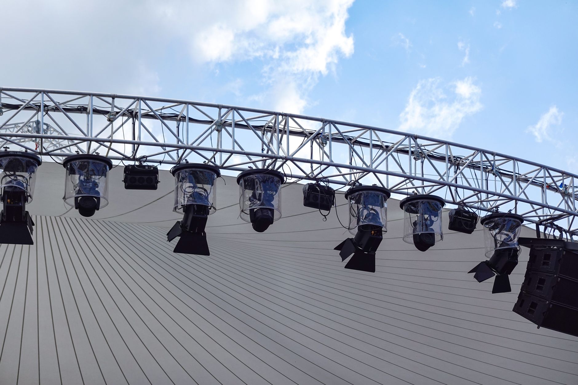 Overhead lighting truss and rigging hardware that catwalk inspections must photograph for wear and alignment.