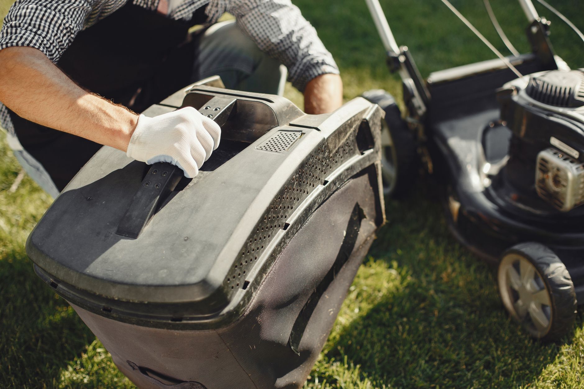Mower prepared for winter storage in a maintenance shop
