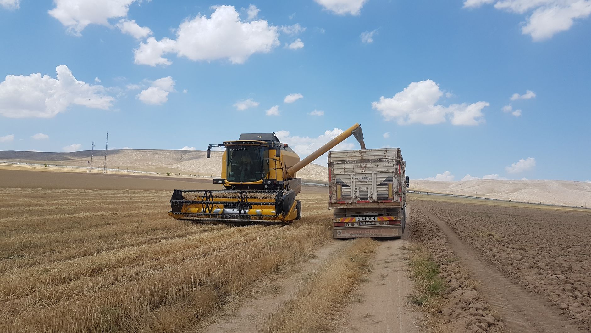 Semi truck and pickup near a grain elevator during harvest on the eastern plains
