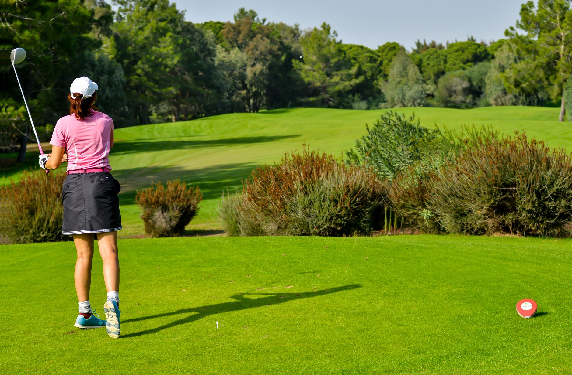 Ladies league group preparing to tee off on a mid-morning block.