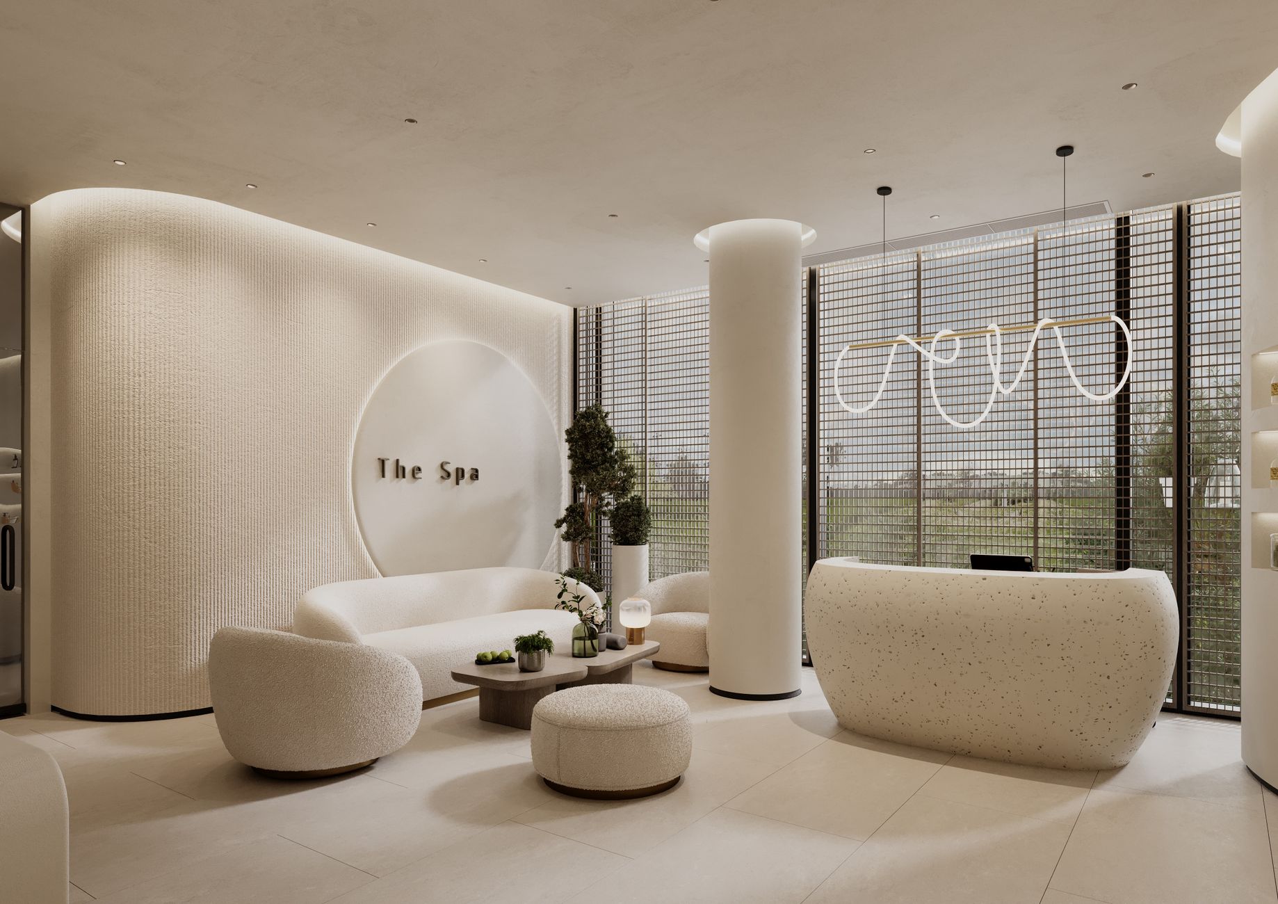 A bright, clean med spa reception lounge with neutral furniture and polished floors, ready for the next day of clients.
