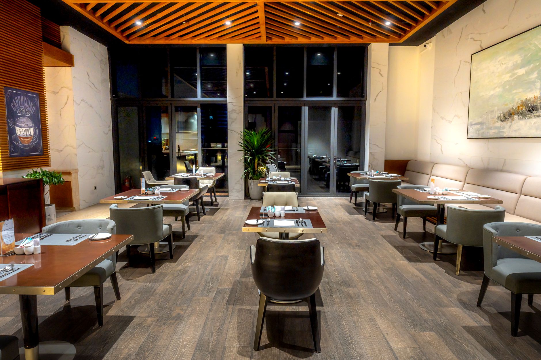 Hotel restaurant dining rooms where delivery robots can move trays from kitchen to tables.