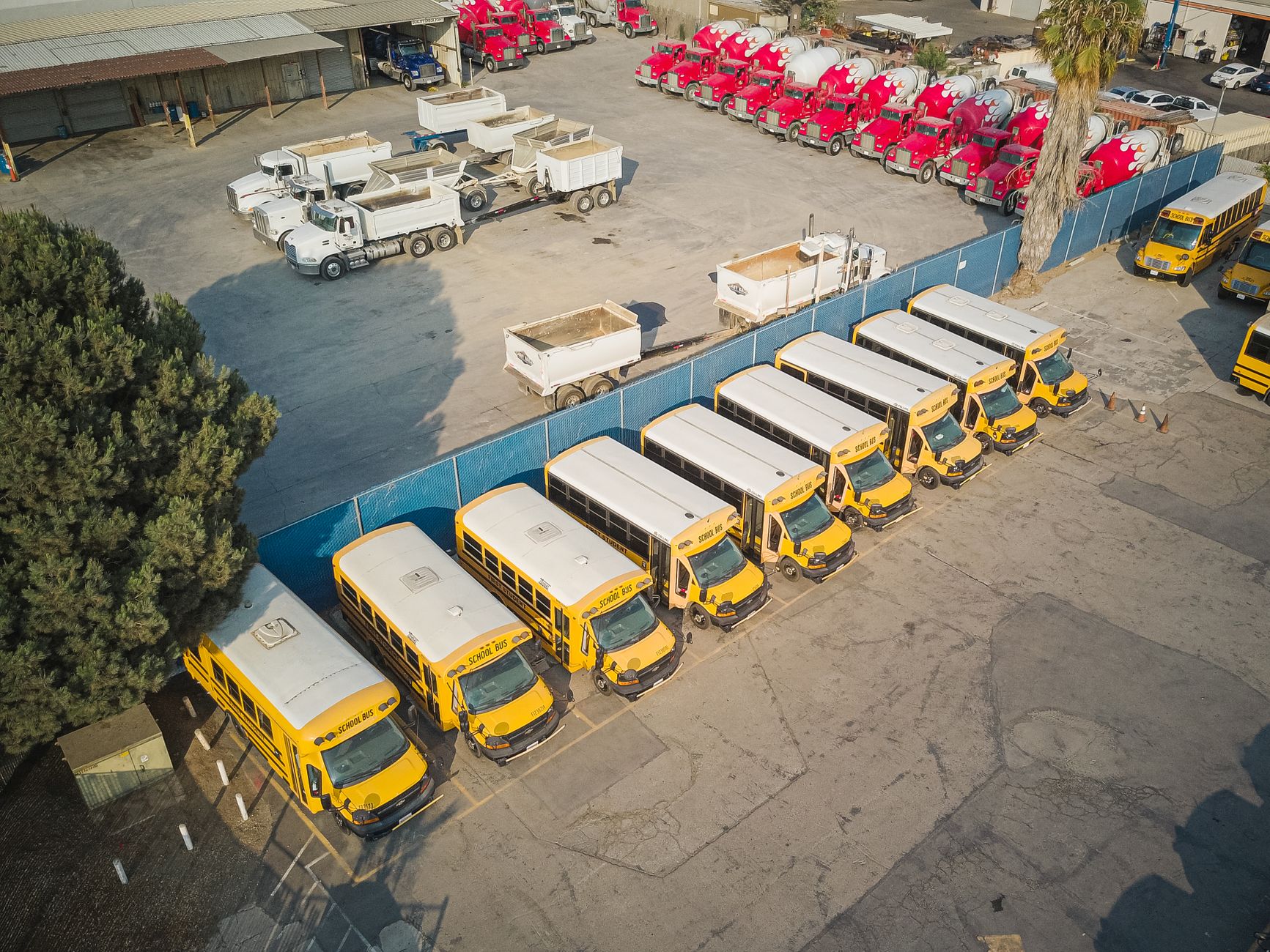 Close view of parked school buses in a fenced yard.