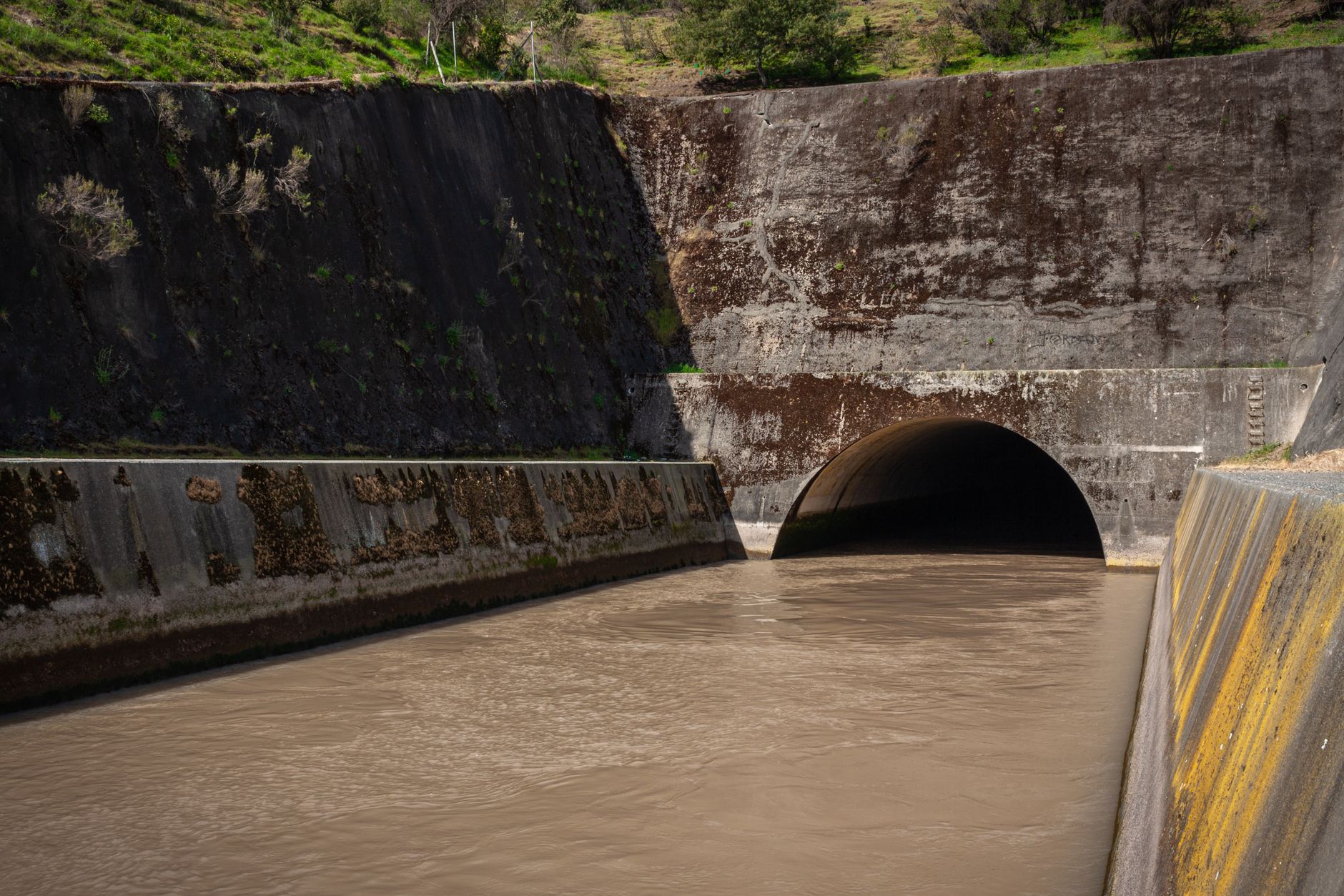 Stormwater culvert with pooled water and sediment obscuring the bottom of the pipe.