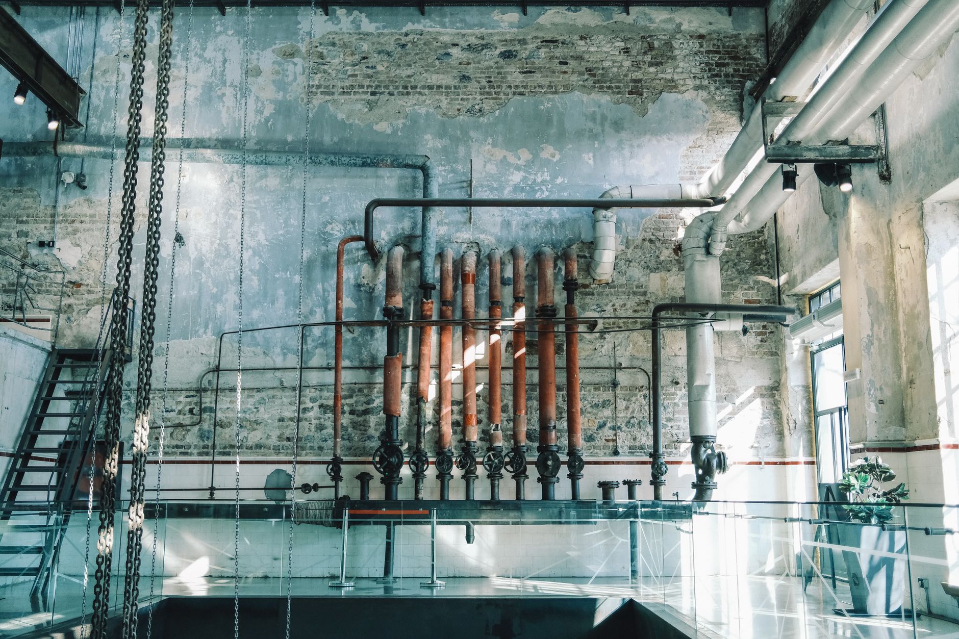 Insulated steam pipes and valves in an industrial mechanical room.