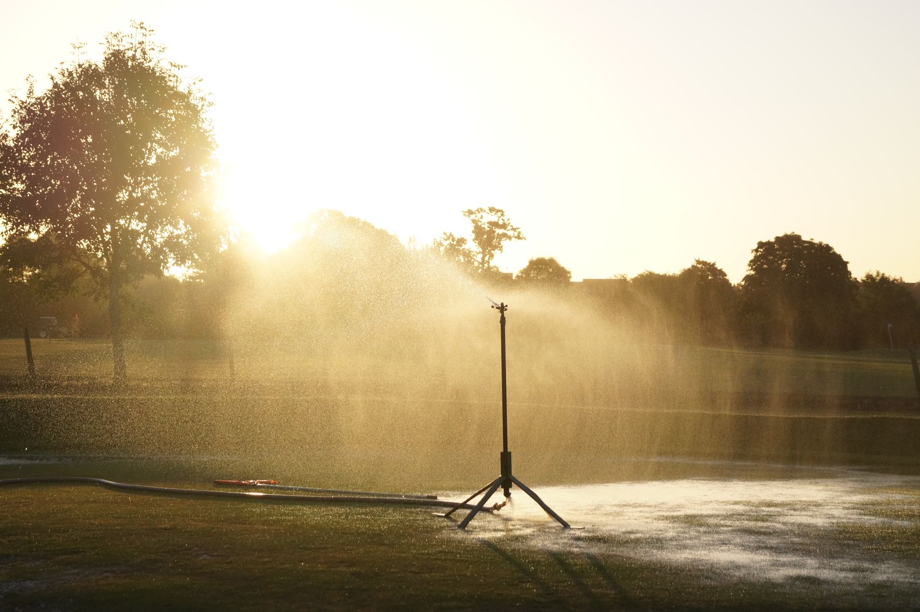 Sprinklers arcing over turf, illustrating irrigation budgets that fairway schedules must follow.