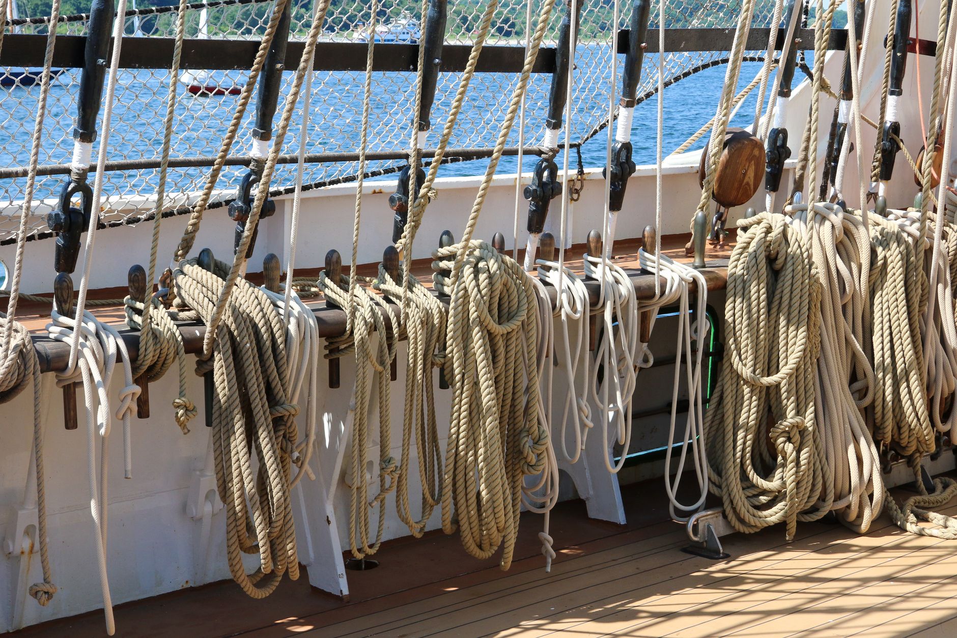 Theatrical rigging ropes and hardware that motorized fly systems rely on during shows.