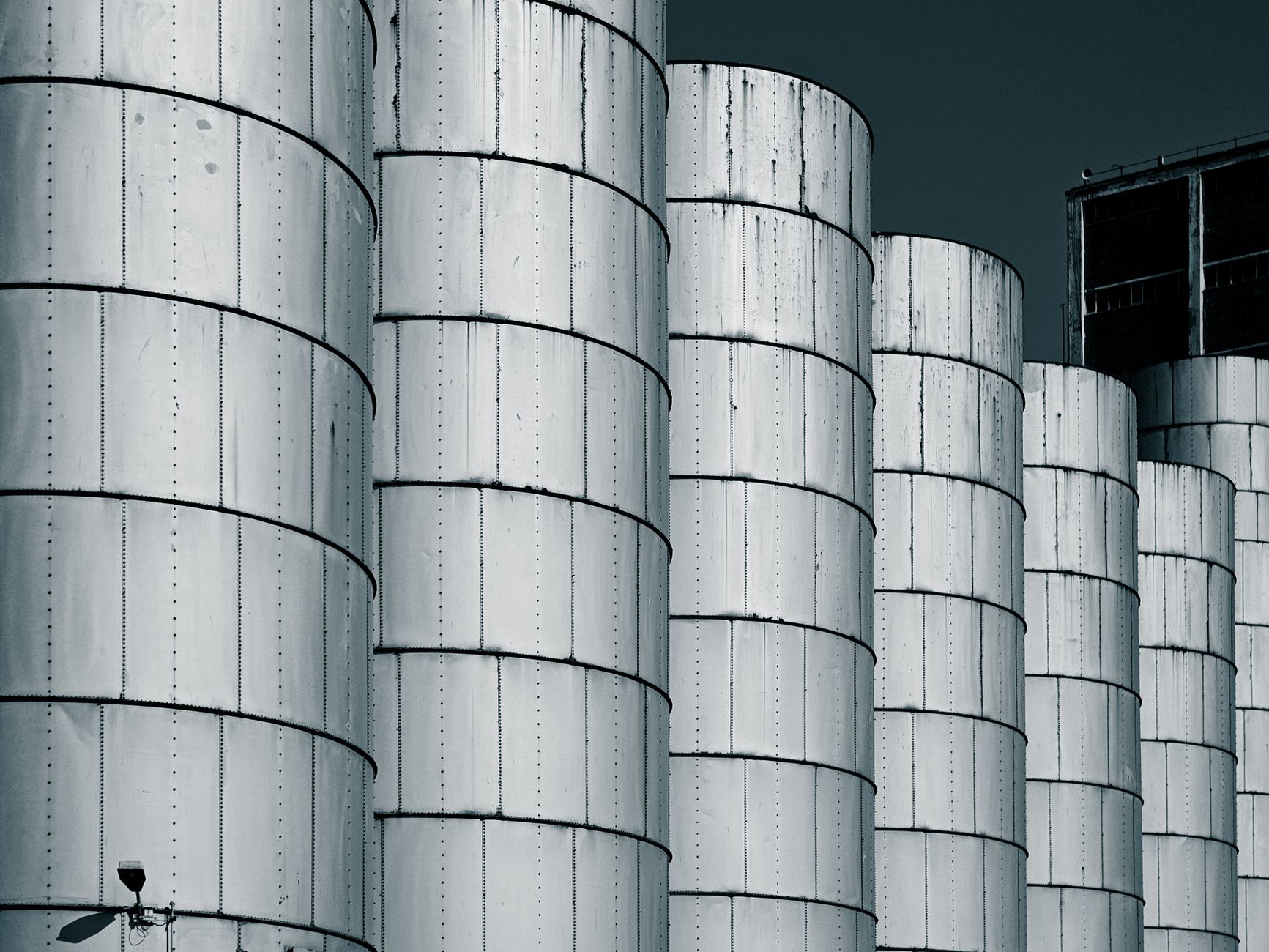 Interior bulk grain handling space with elevated walkways beside moving material systems.