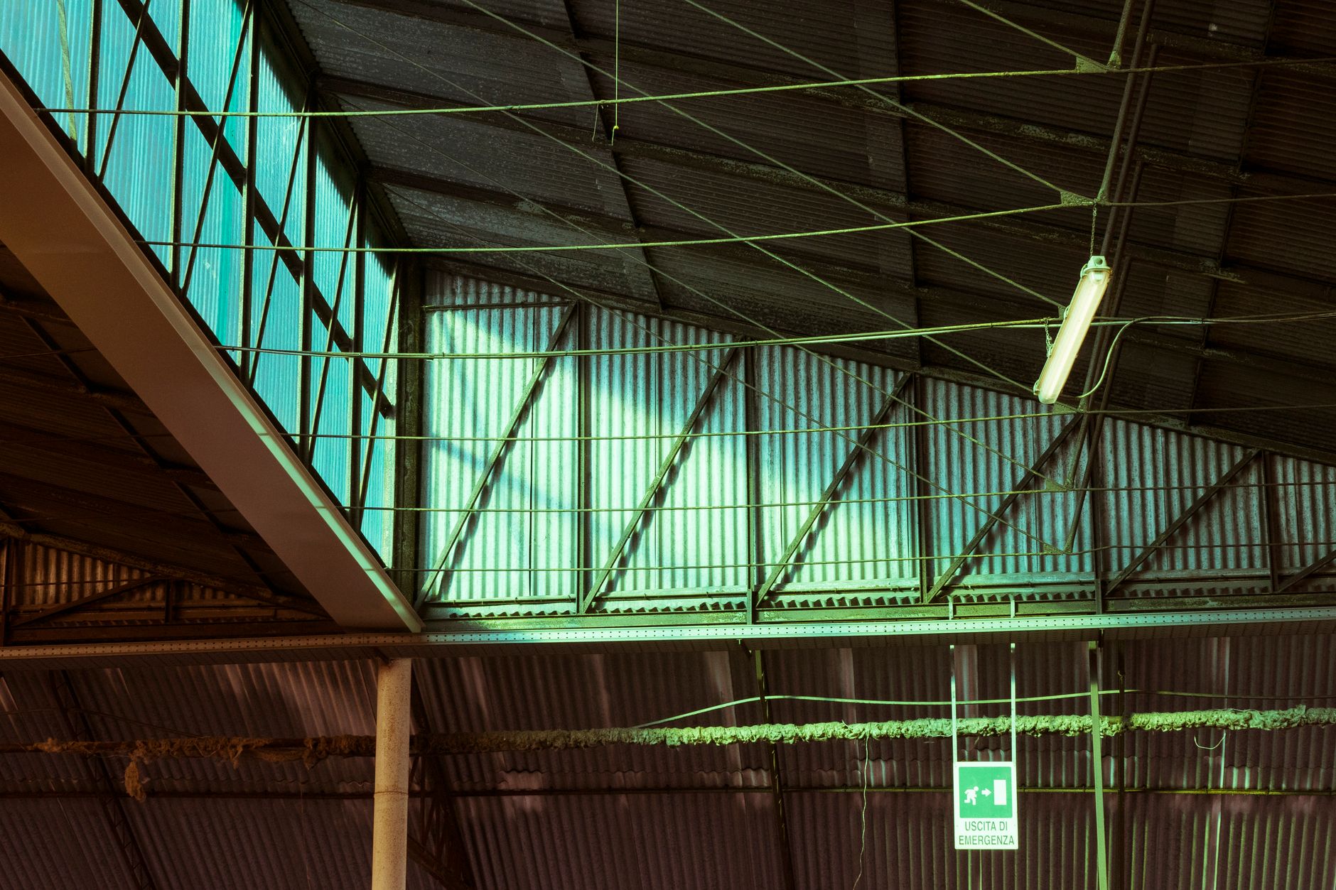 High warehouse ceiling with steel trusses and decking where remote inspection replaces frequent top-chord walks.