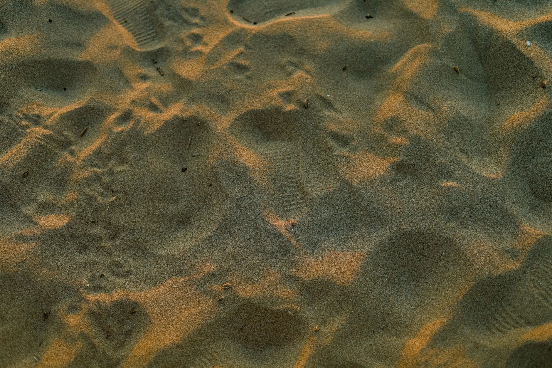 Sandy footprints tracked across a hard tile floor near a beach entrance.