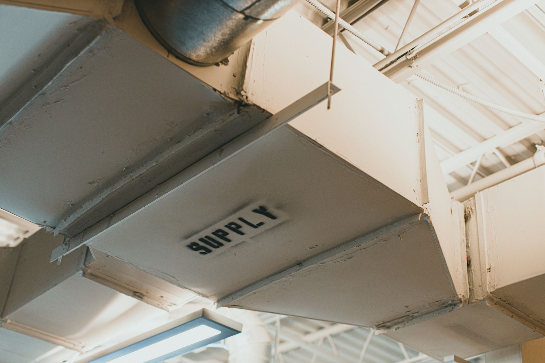 Exposed ductwork and overhead services above a commercial building ceiling illustrate the concealed spaces where smoke dampers are inspected.