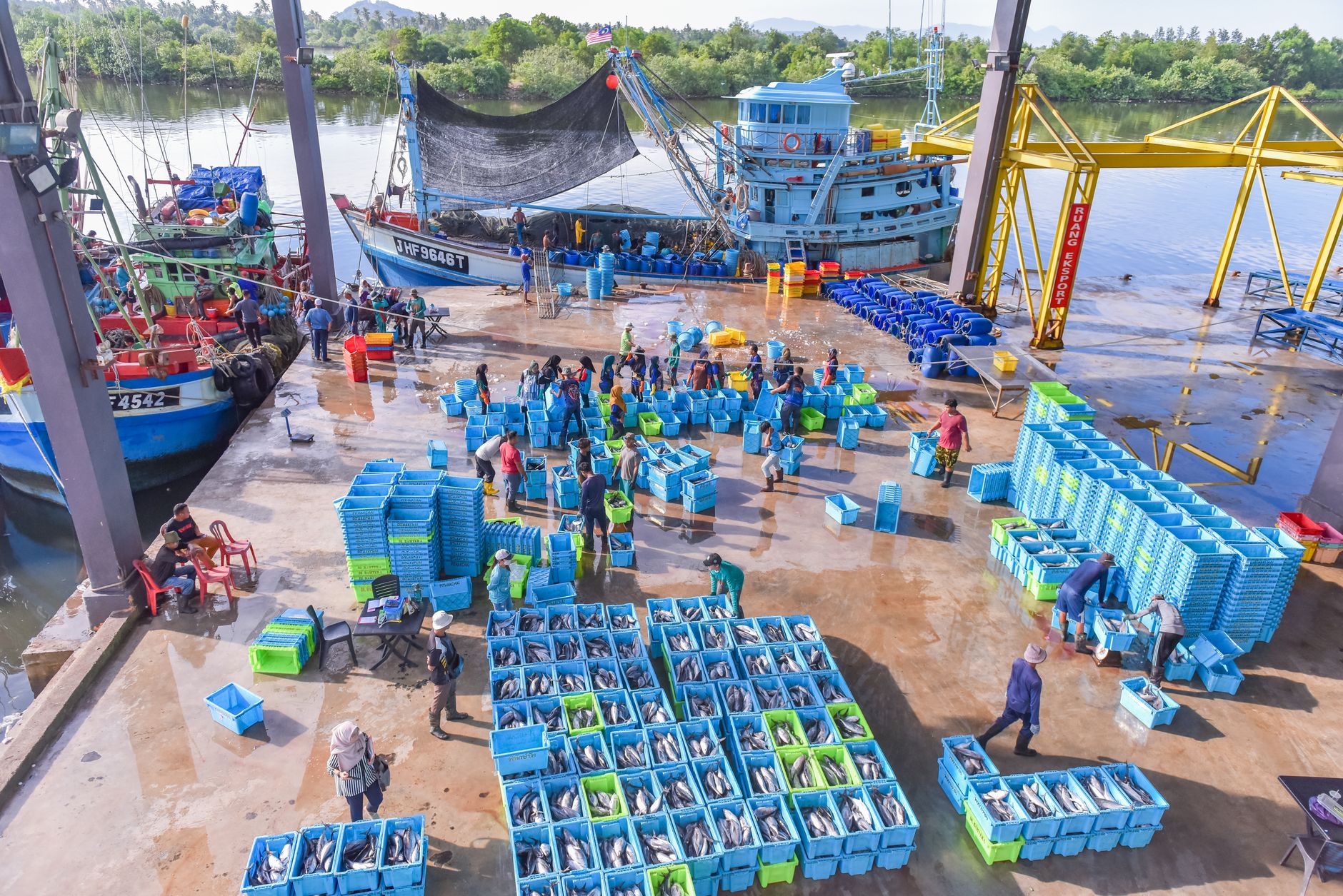Fish house and dock equipment on a working waterfront, showing checkpoints such as freezer doors, gear storage, and staging aprons.
