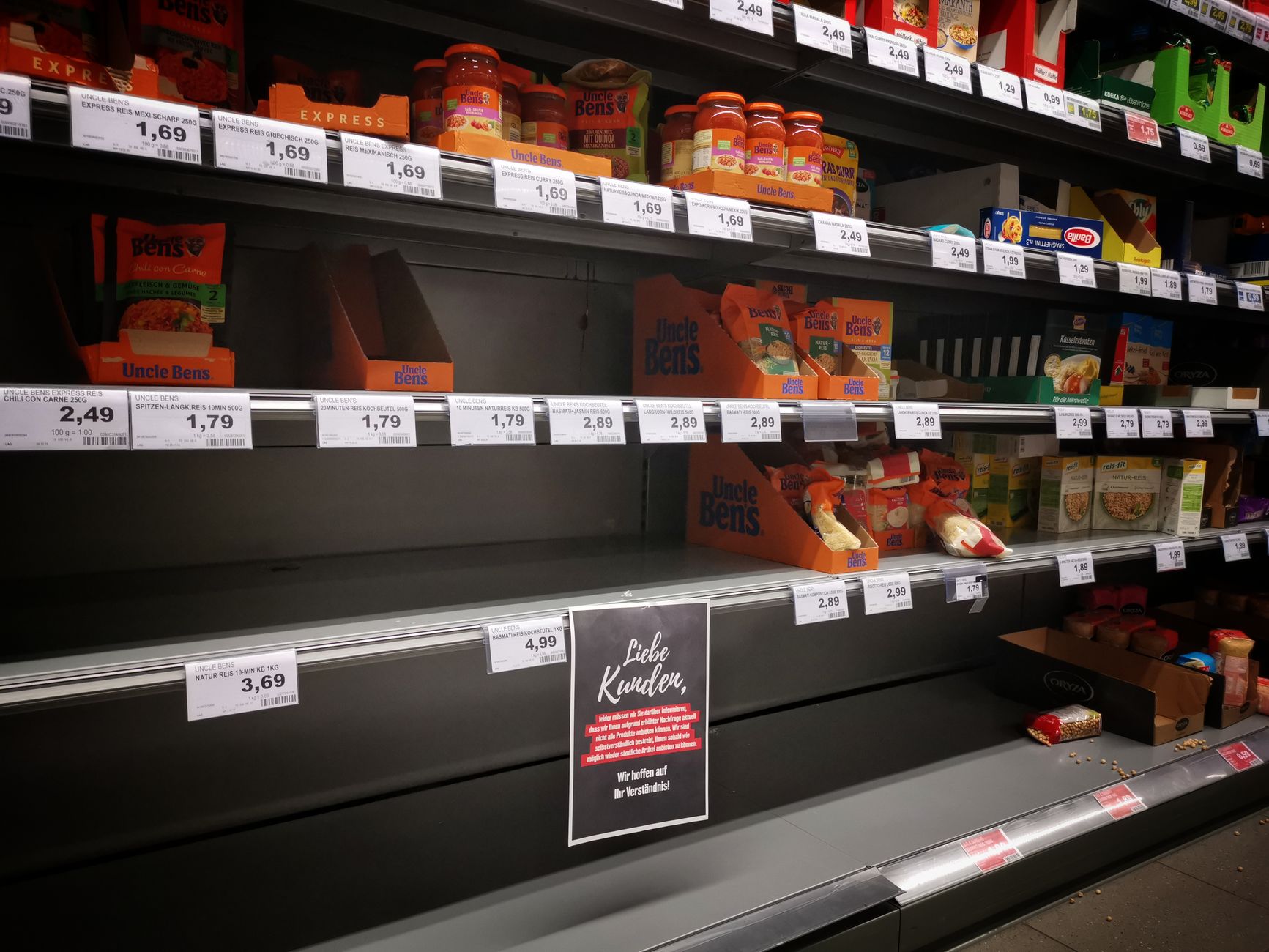 Close view of grocery shelf labels and product facings, showing the pricing and placement details that drive shelf-audit accuracy.