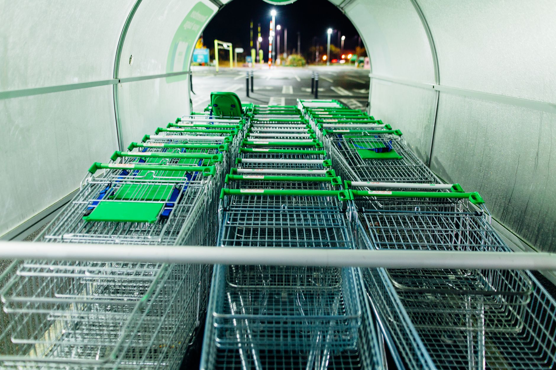 Rows of nested shopping carts staged beside a grocery store entrance.