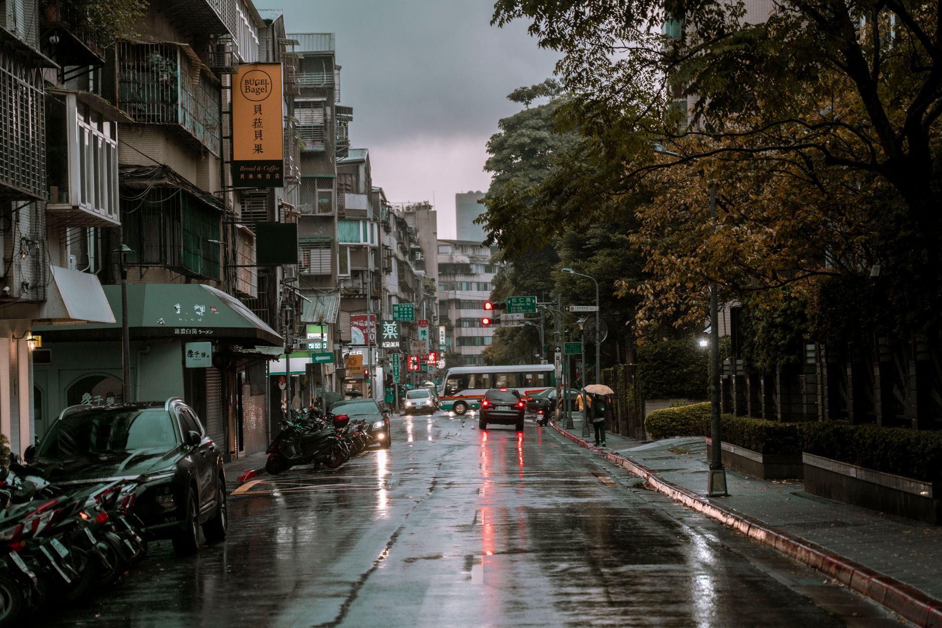 Wet sidewalk on a university campus after rain
