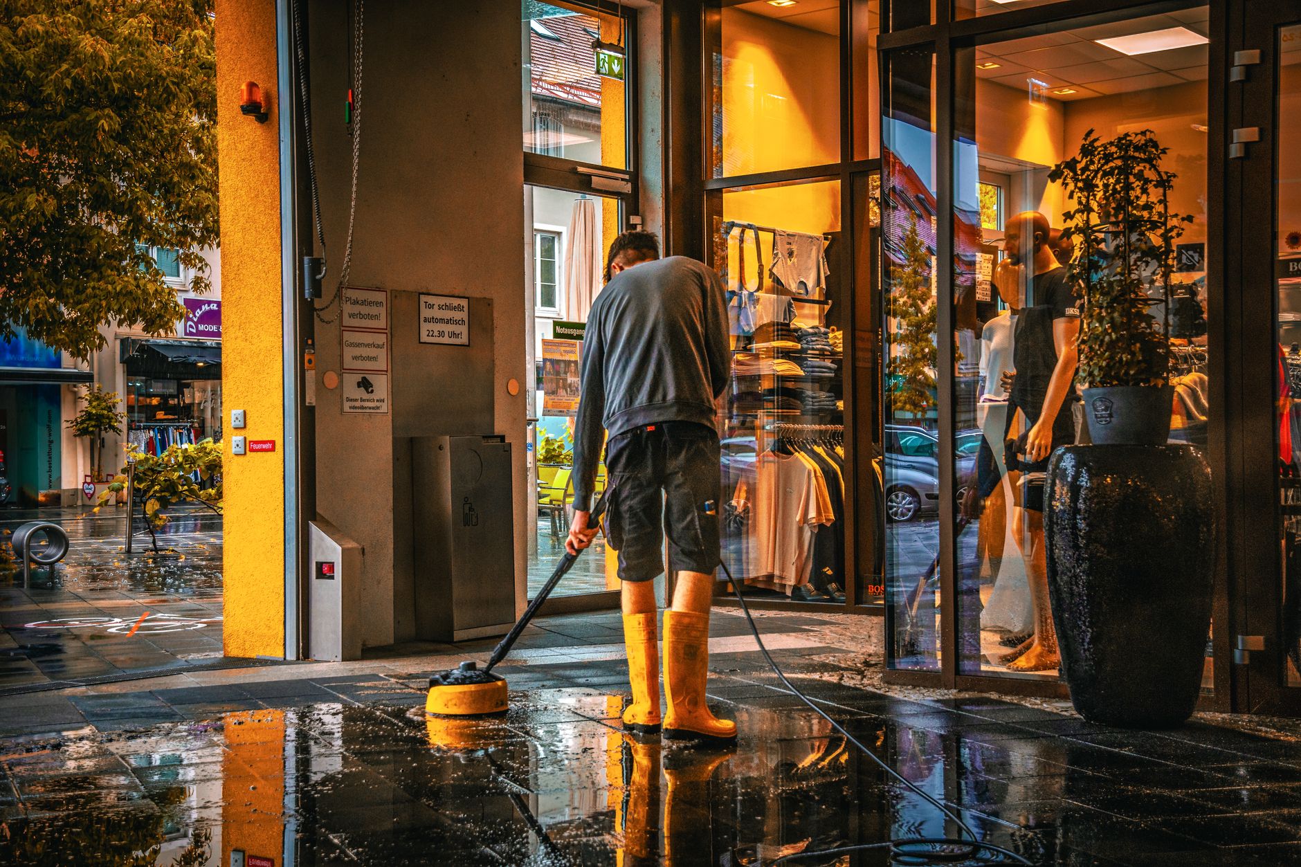 A rain-soaked store entrance with damp floor mats and tracked-in water, matching the summer vestibule hazards described in the article.