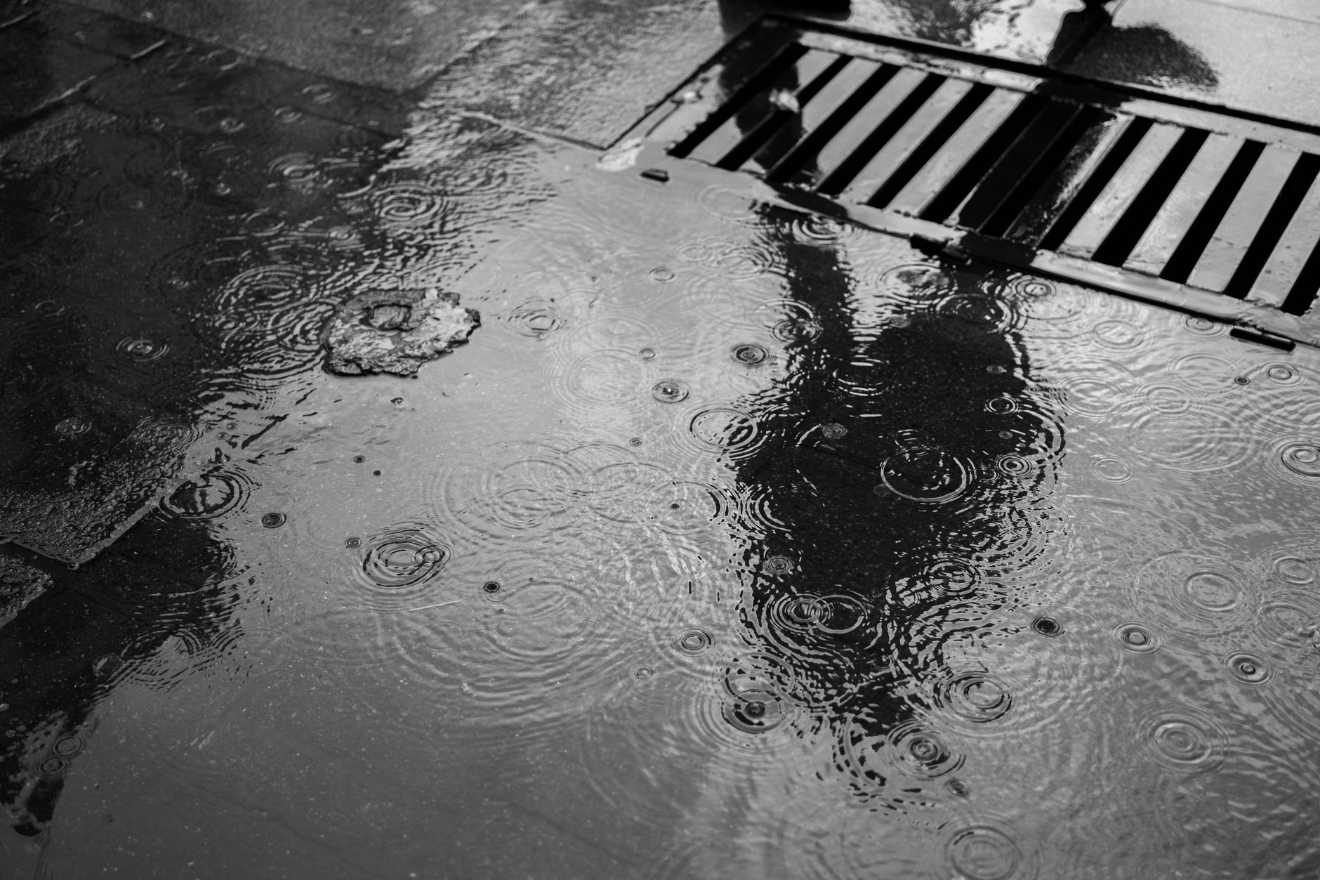 Rainwater flows across paved parking areas toward a storm drain, highlighting the importance of debris capture and runoff management.