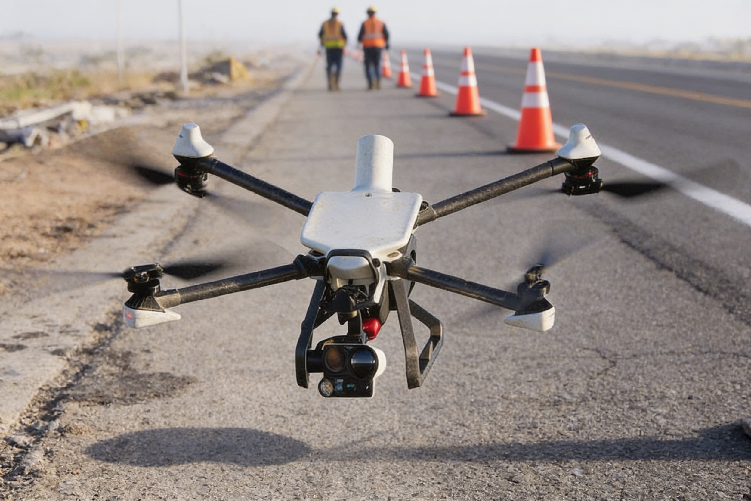 BRINC Responder drone above a coned-off roadway work zone