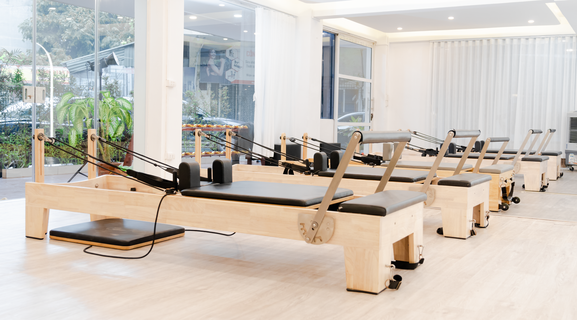A polished boutique fitness studio prepared for members between scheduled classes.