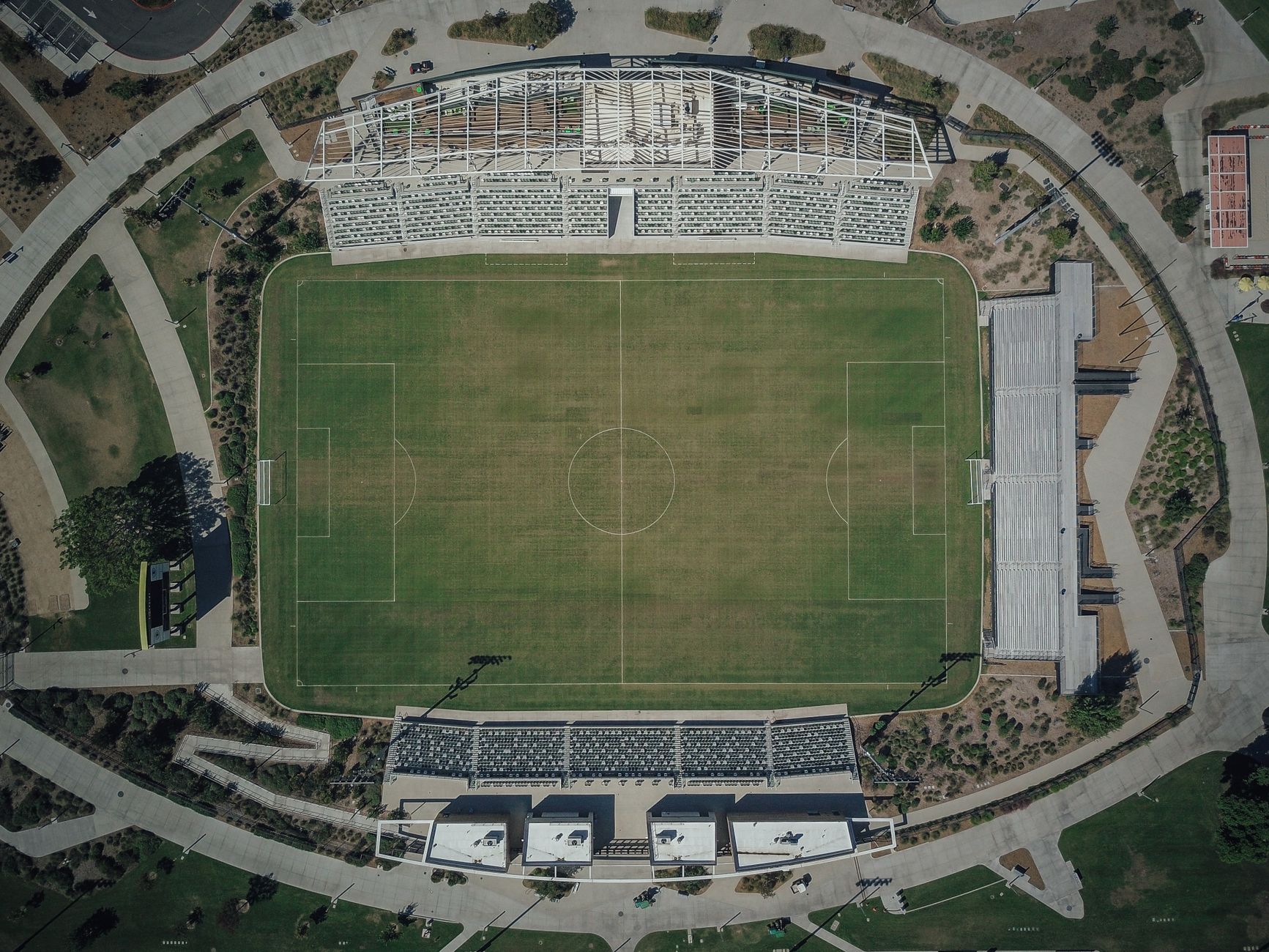 Aerial view of multiple marked soccer fields at a large tournament complex similar to the Mid-Atlantic site in this case study.