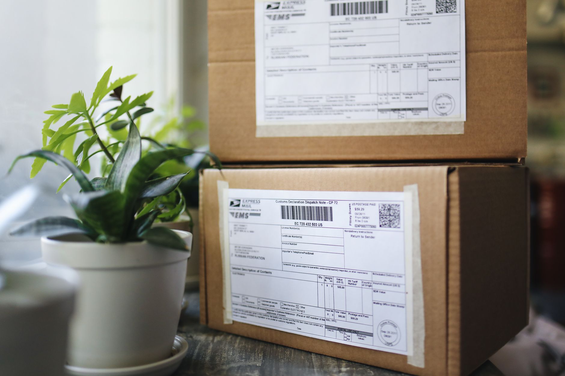 Labeled shipping cartons sit staged on a packing table.