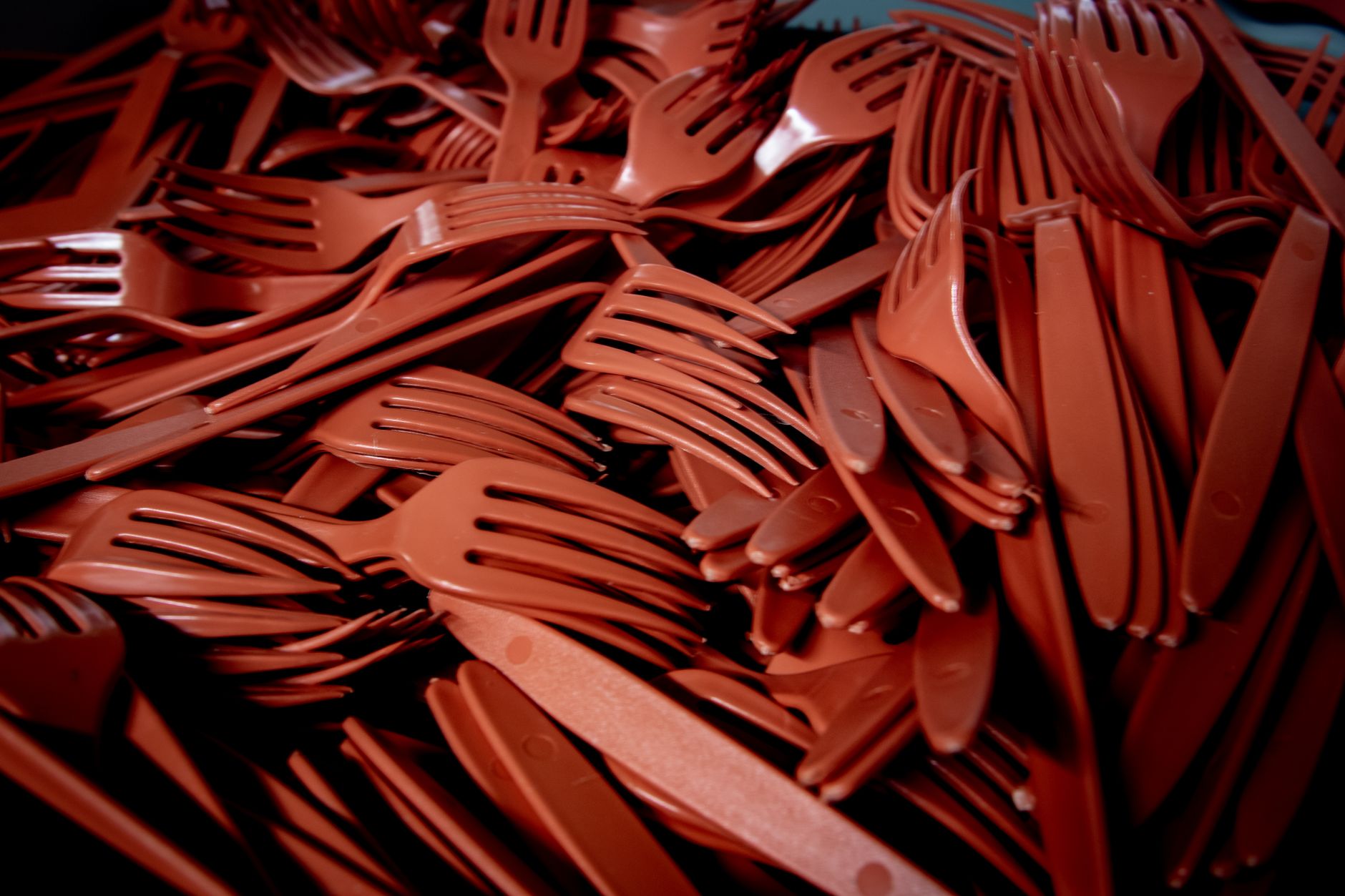 Wrapped disposable forks, knives, and spoons, the place settings this packaging line turns out.