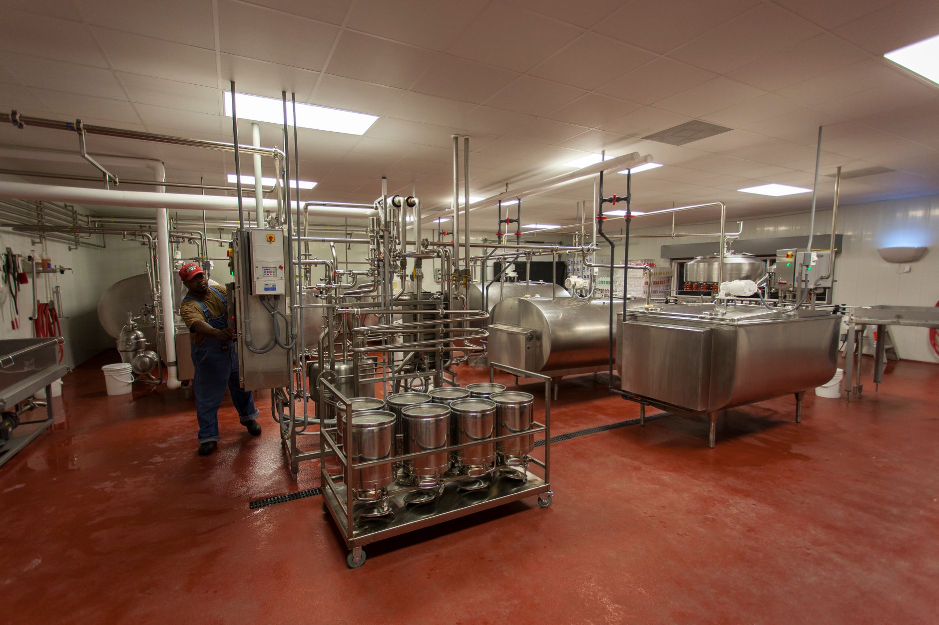 Interior of a dairy processing plant where yogurt is filled and packaged for retail.