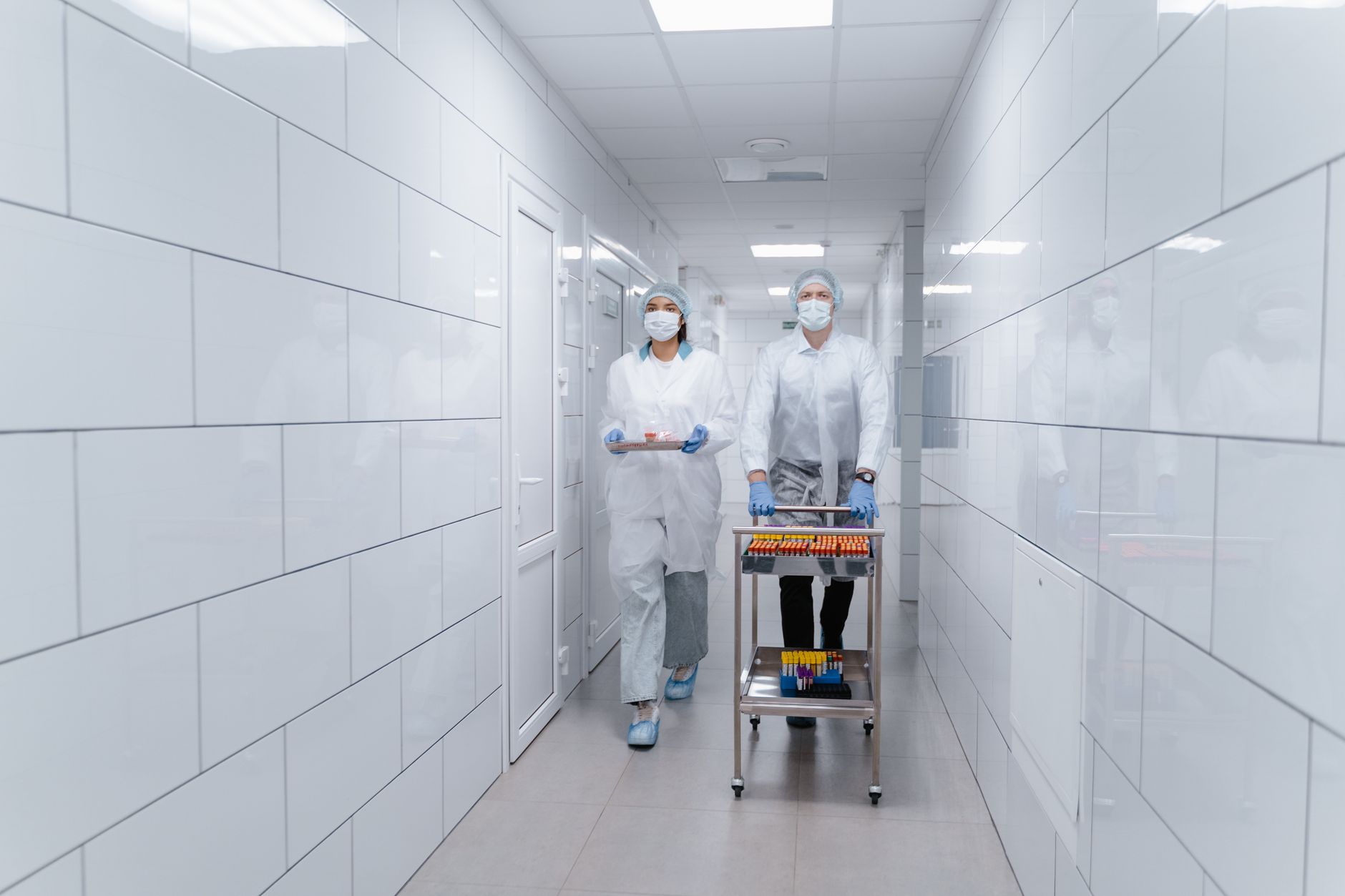 Hospital hallway prepared for cart traffic between clinical departments.