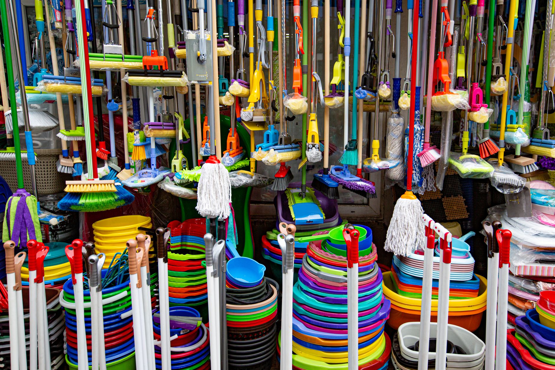 Cleaning supplies staged for associates who now spend more time with shoppers than manual scrubbing.