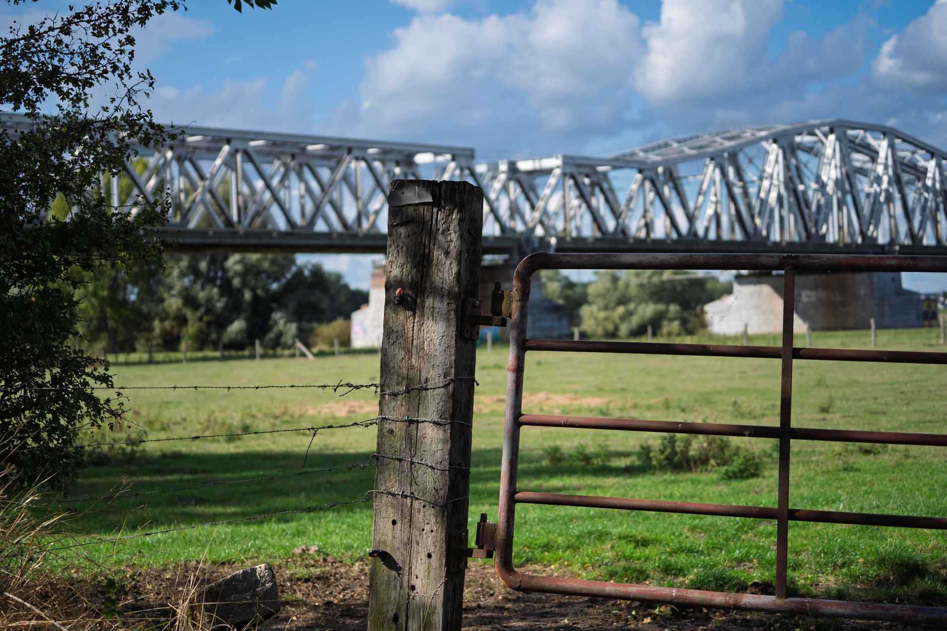 A finished steel livestock gate stands at the entrance to a rural pasture.