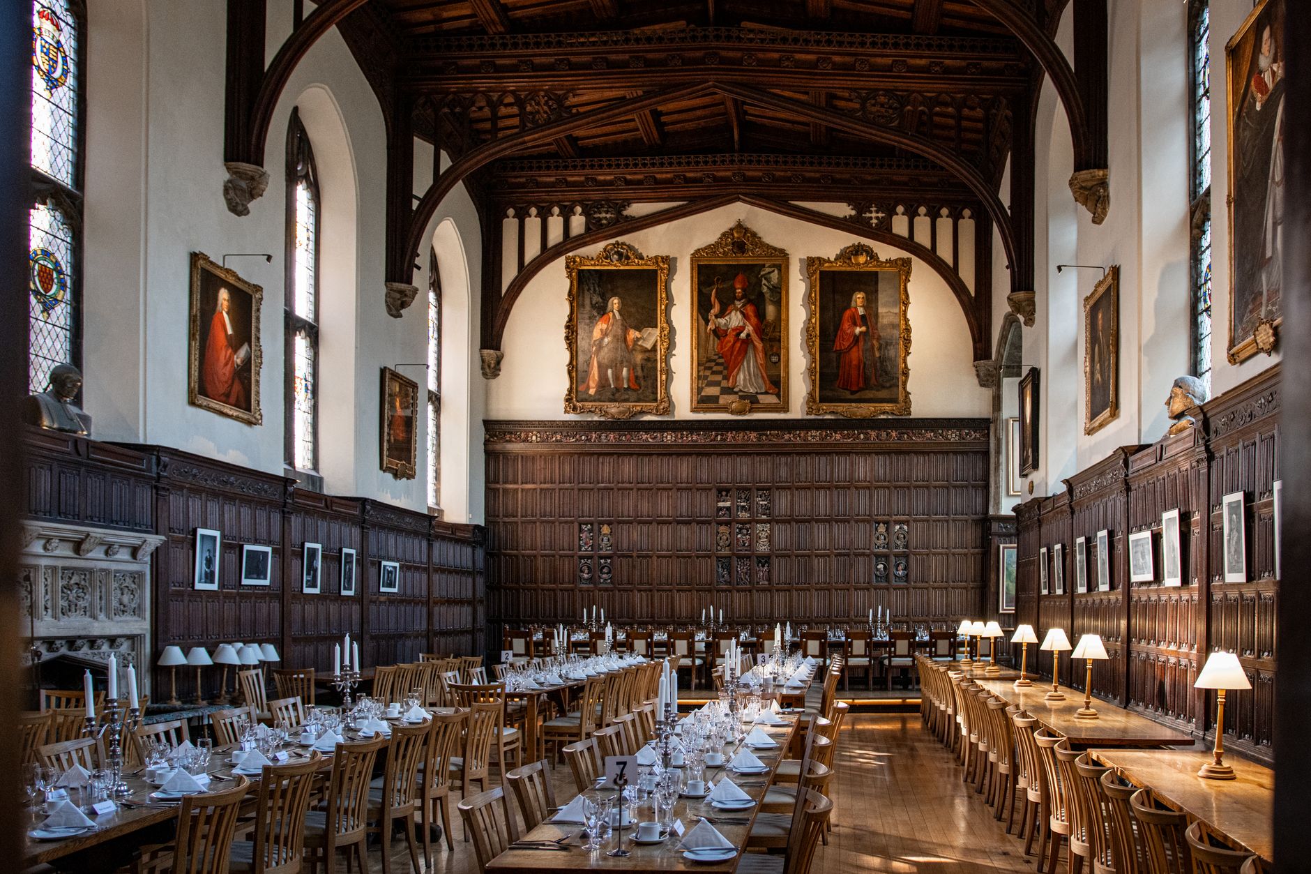 A campus dining hall with long hard-floor aisles where night scrub routes are mapped.