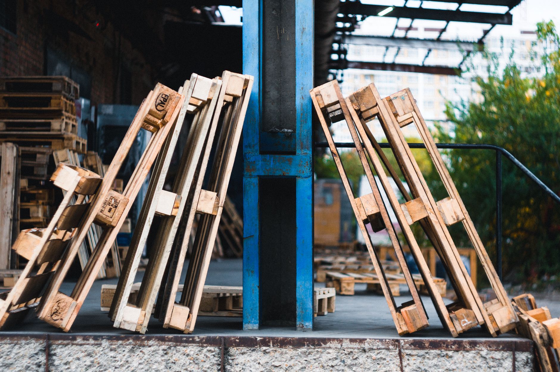 A wide distribution floor shows pallet slots and pick paths sized for cart travel between faces.