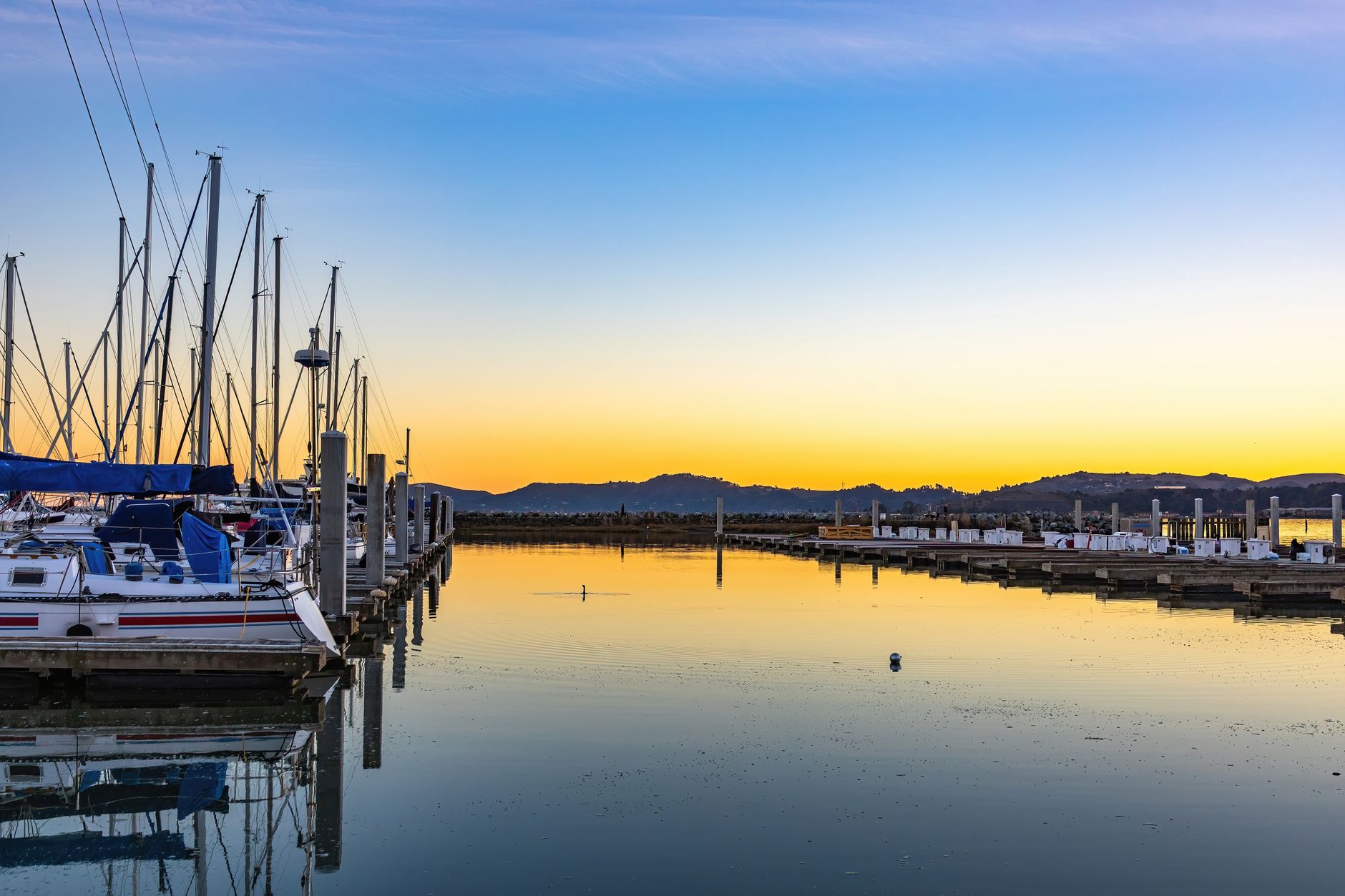 Wooden marina slips at dawn with calm water reflecting moored boats along a New England harbor.