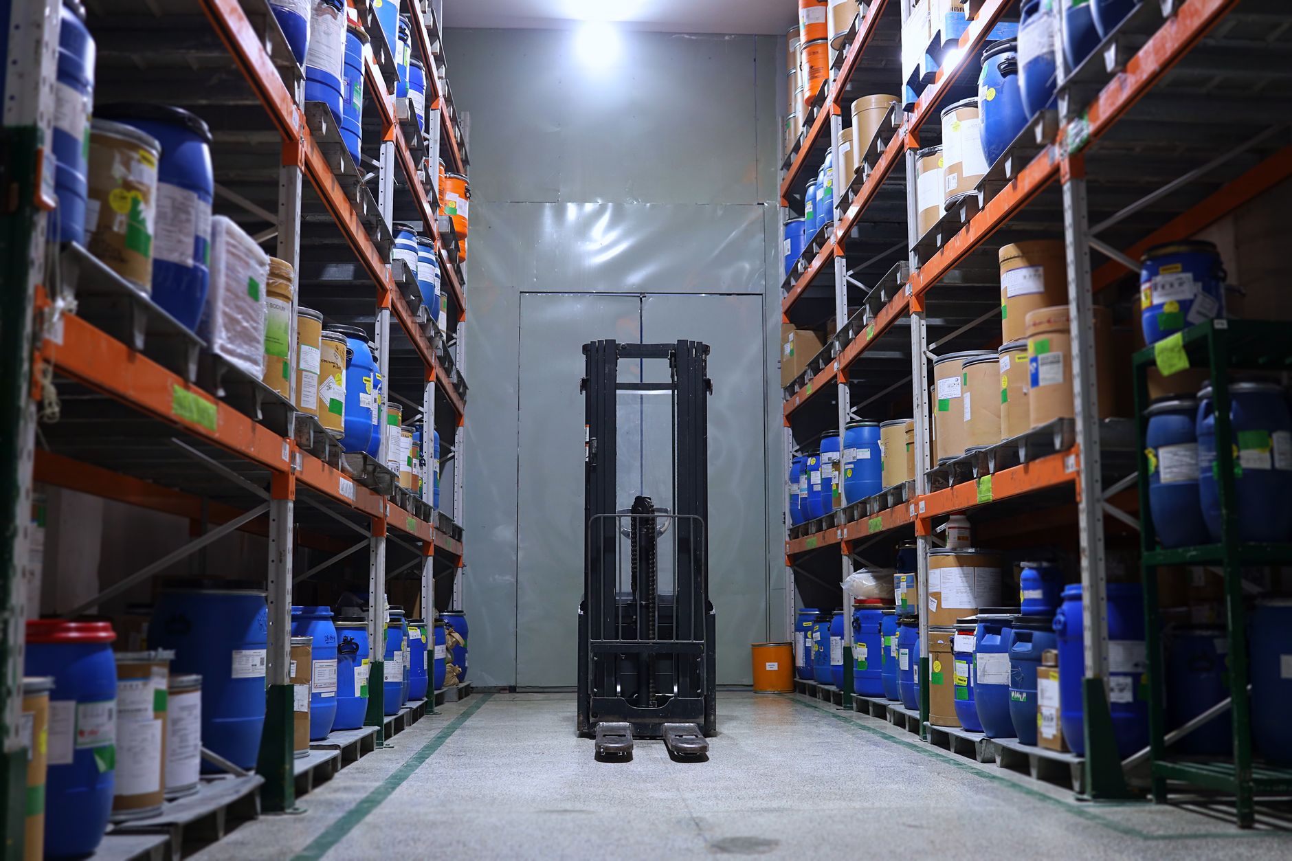 Warehouse shelving stocked with healthcare and rehabilitation supplies, matching the high-SKU Indianapolis distribution center in the case study.