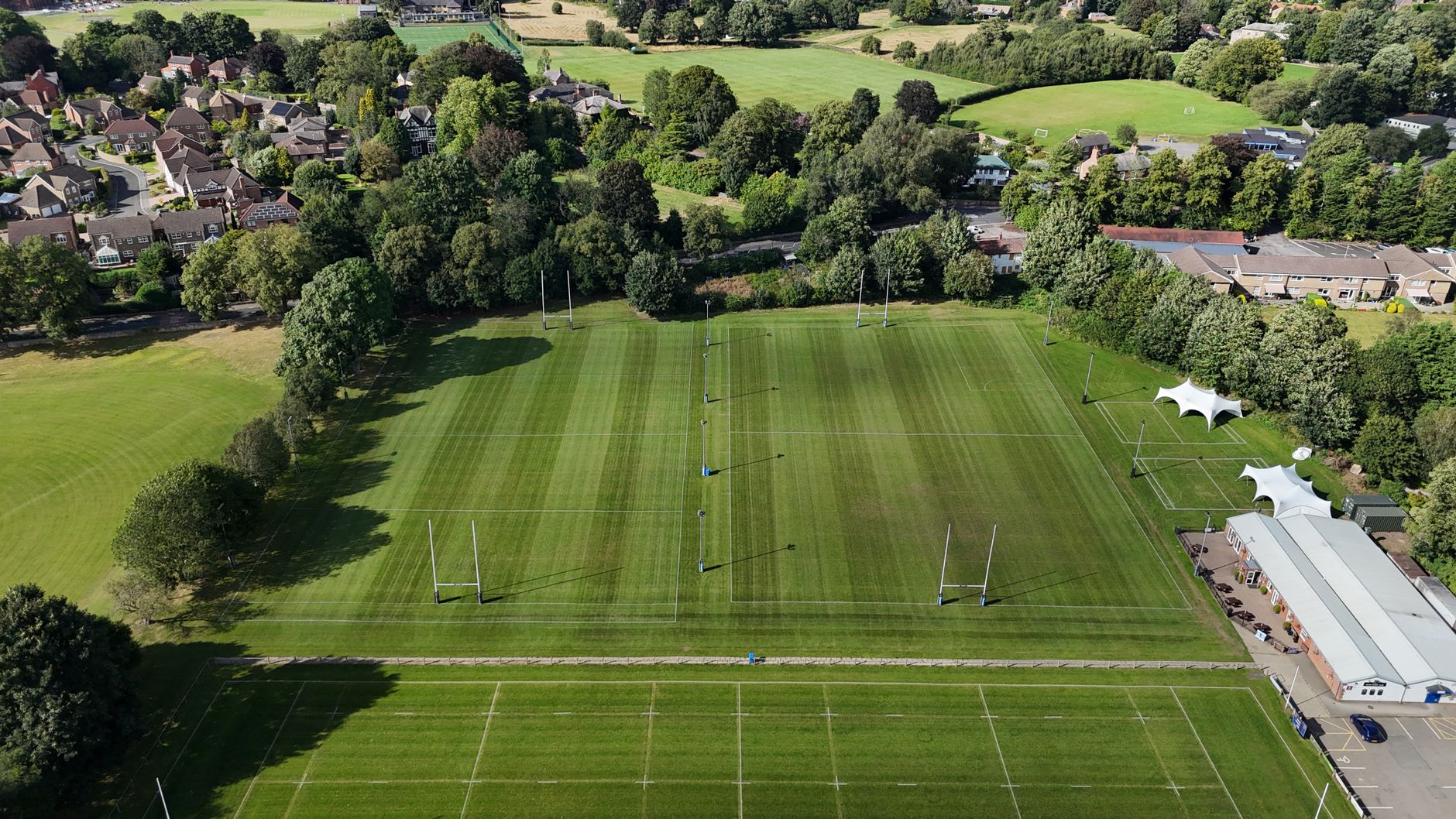 A wide view of multiple natural-grass rugby pitches at a club facility, showing the scale of turf that volunteers had to maintain.