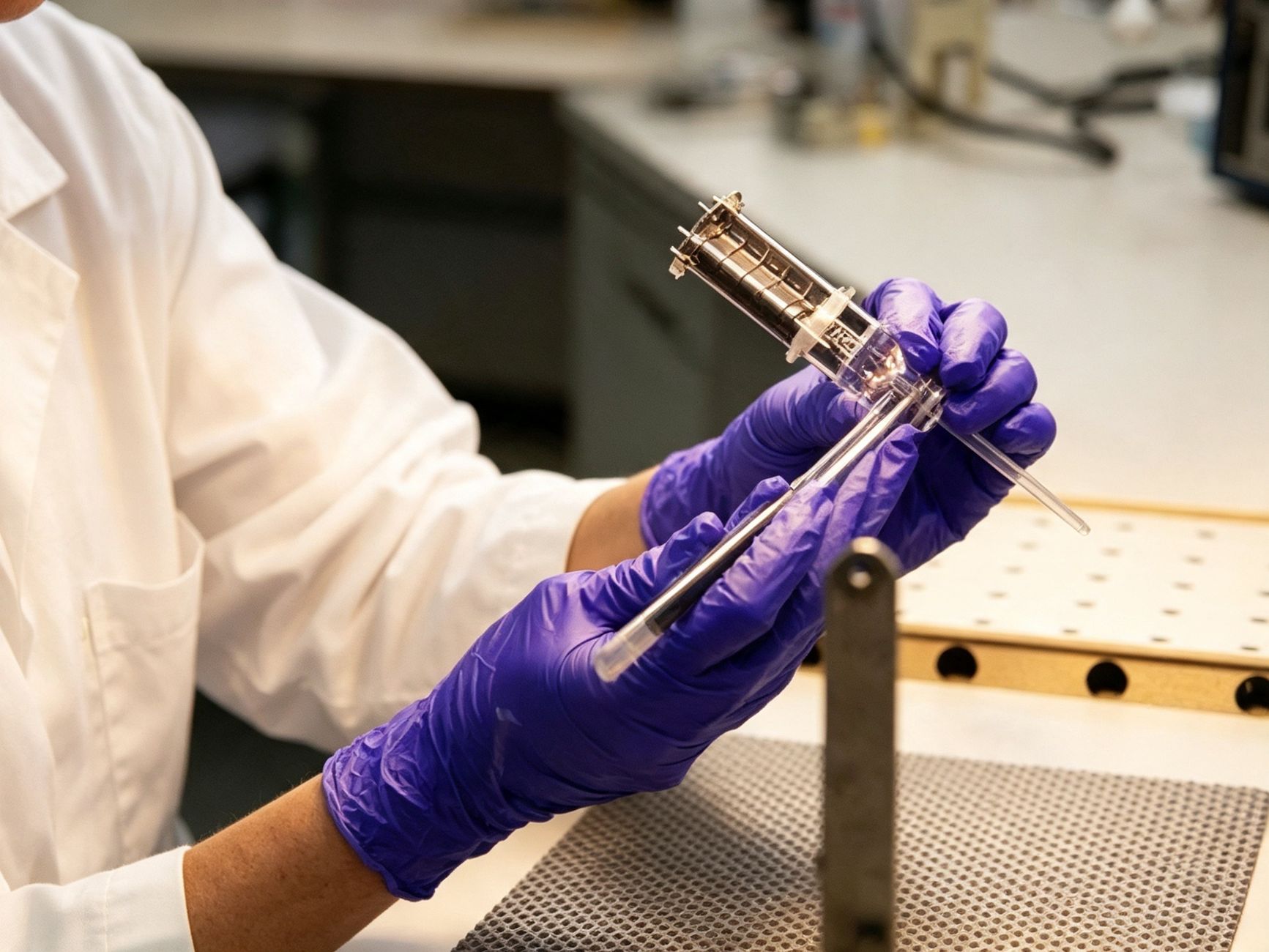 A food technician checks a sauce sample during recipe validation.