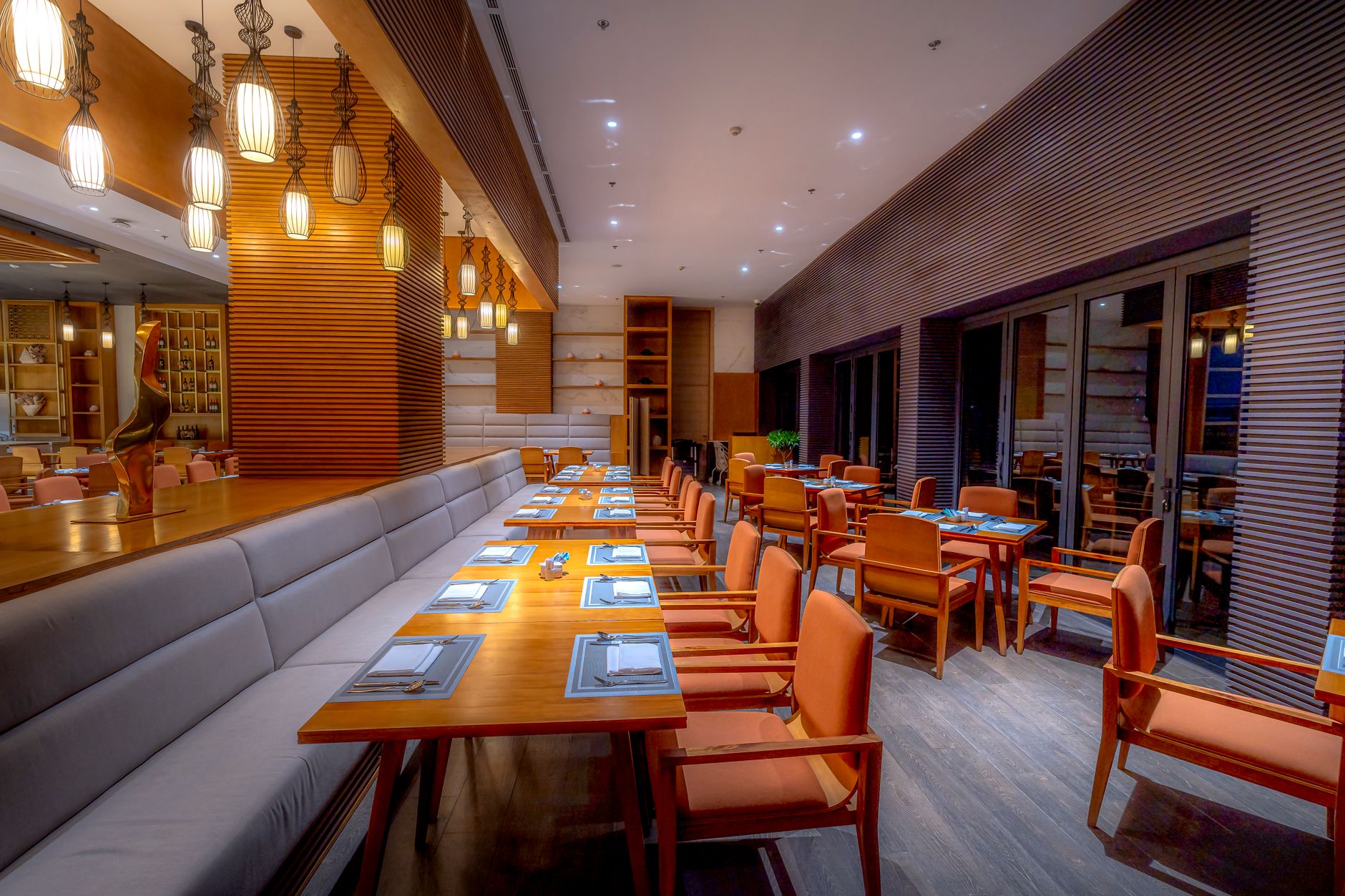 A spacious restaurant seating area showing the scale of the dining floor.